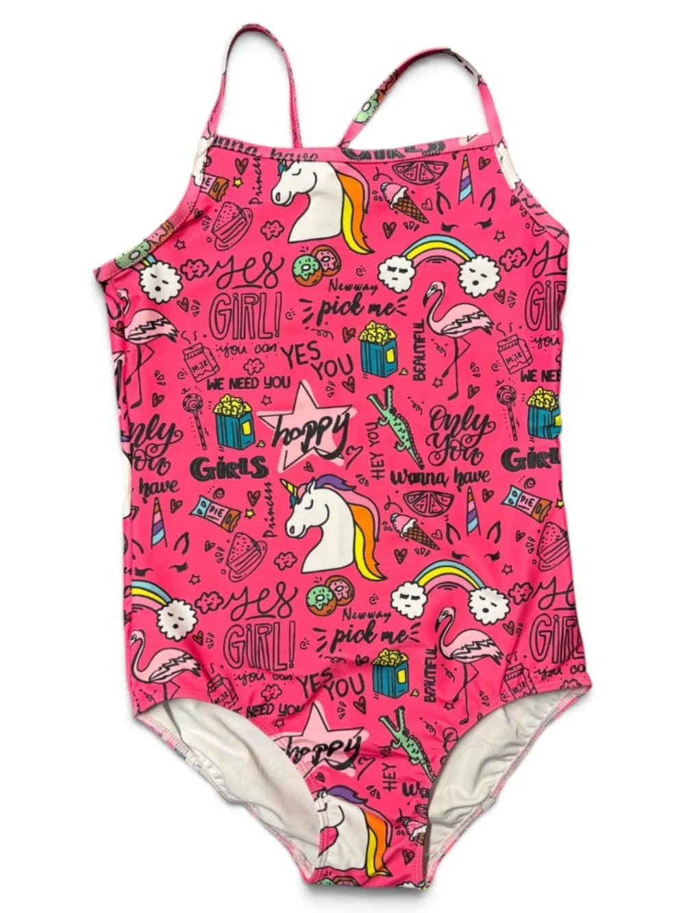 NWT Girls 10/12 Hot Pink Unicorn Flamingo Rainbow One Piece Swimsuit